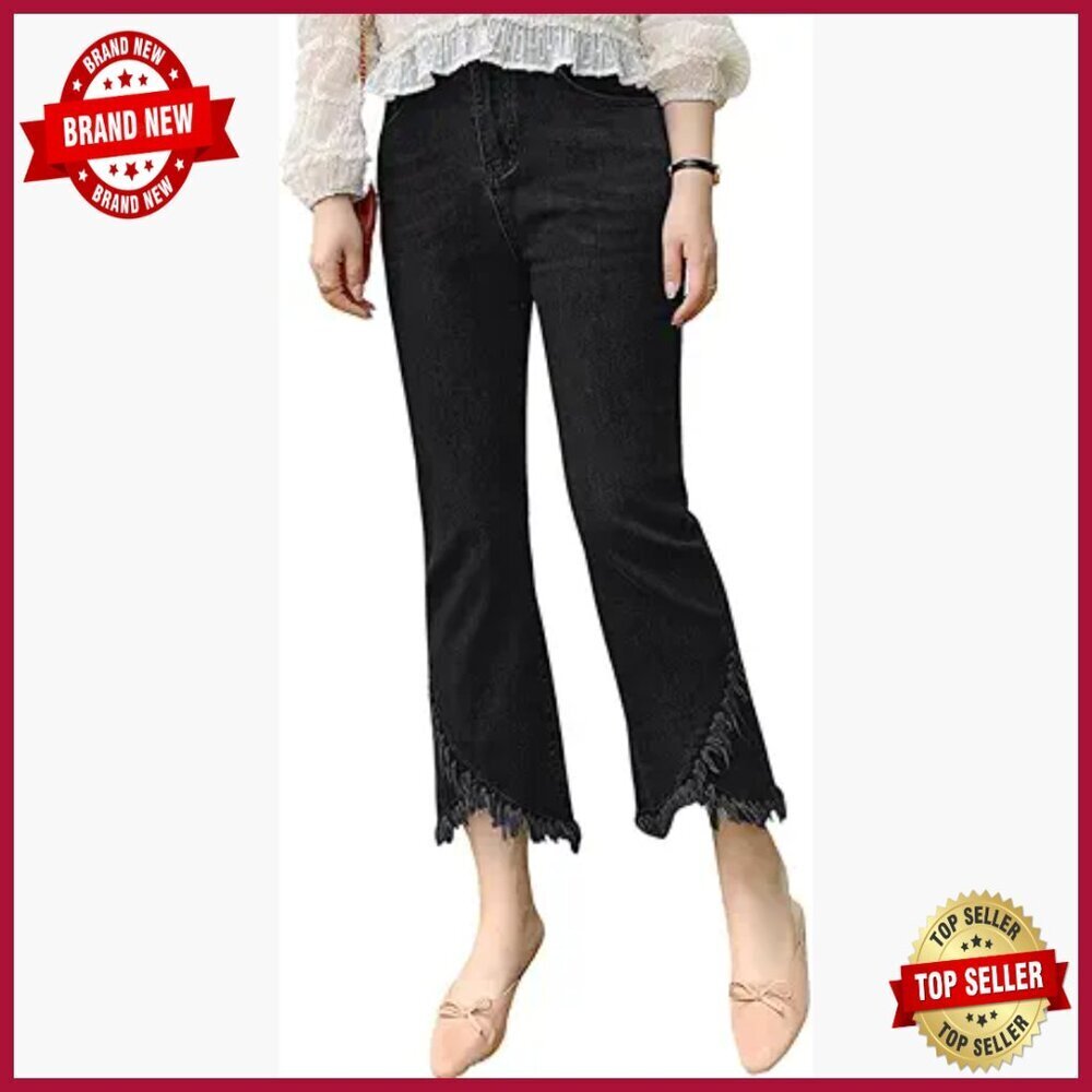 Stretch Denim Cropped Jeans with Ripped Frayed Hem and Tassel Fringe